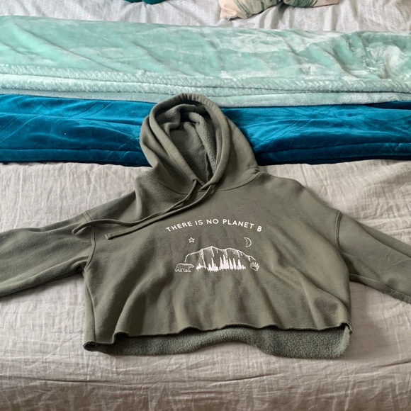Wholesome Culture Tops - There is No Planet B Olive Green Cropped Hoodie with Environmental Print